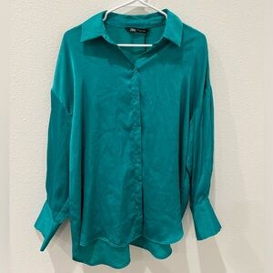 Zara Teal Women's Oversized Satin Effect Shirt Button-Up